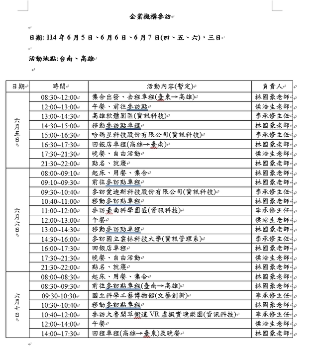 113年6月5日~6月7日資二企業參訪行程表圖片